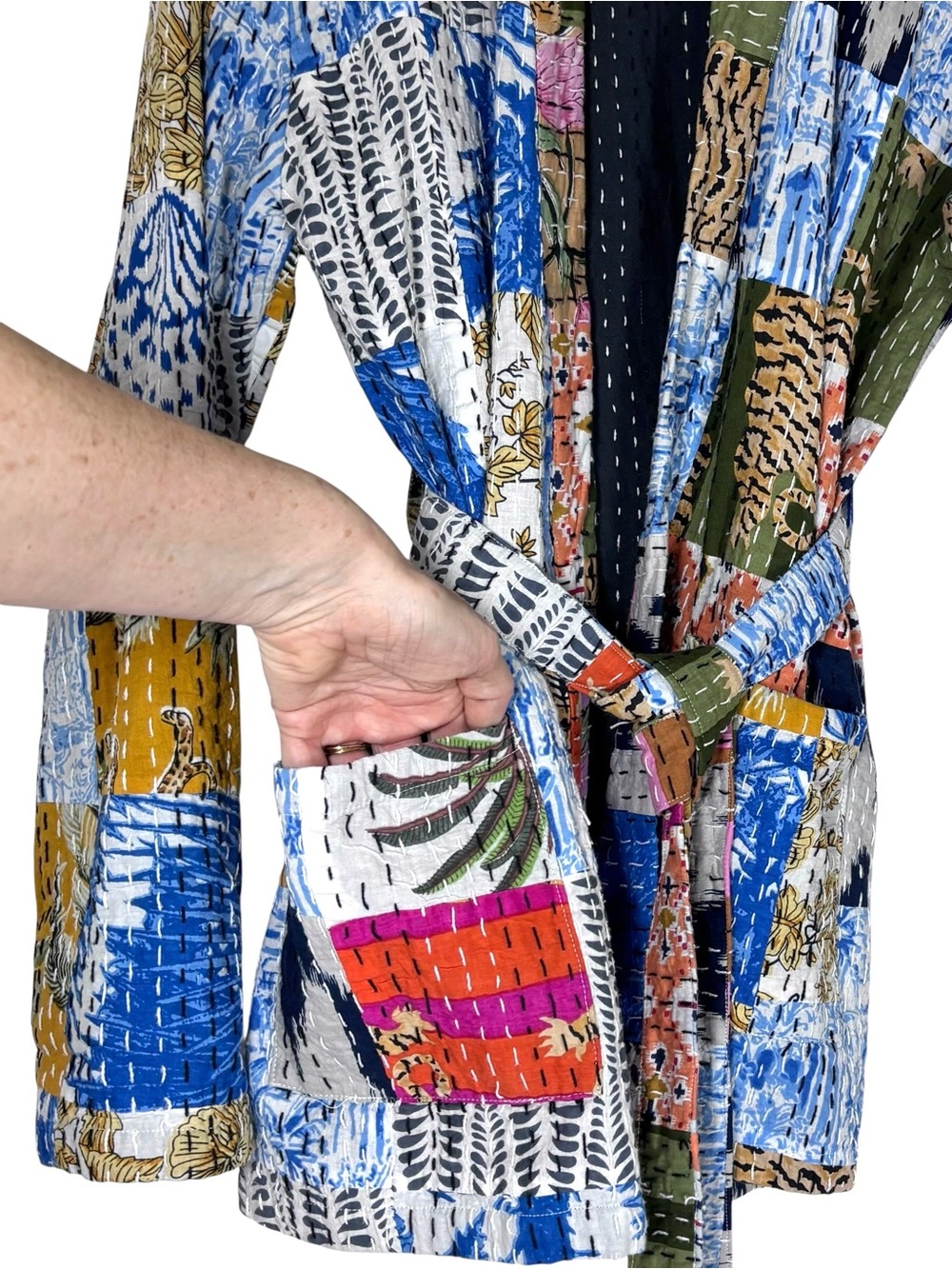 Handmade Kantha Patchwork Tie Waist Jacket Size Medium (Estimated) - Picture 3 of 9